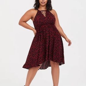 RED LEOPARD O-RING CHALLIS SKATER DRESS